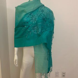 Silk Wool Embroidered Turquoise Ombre Scarf